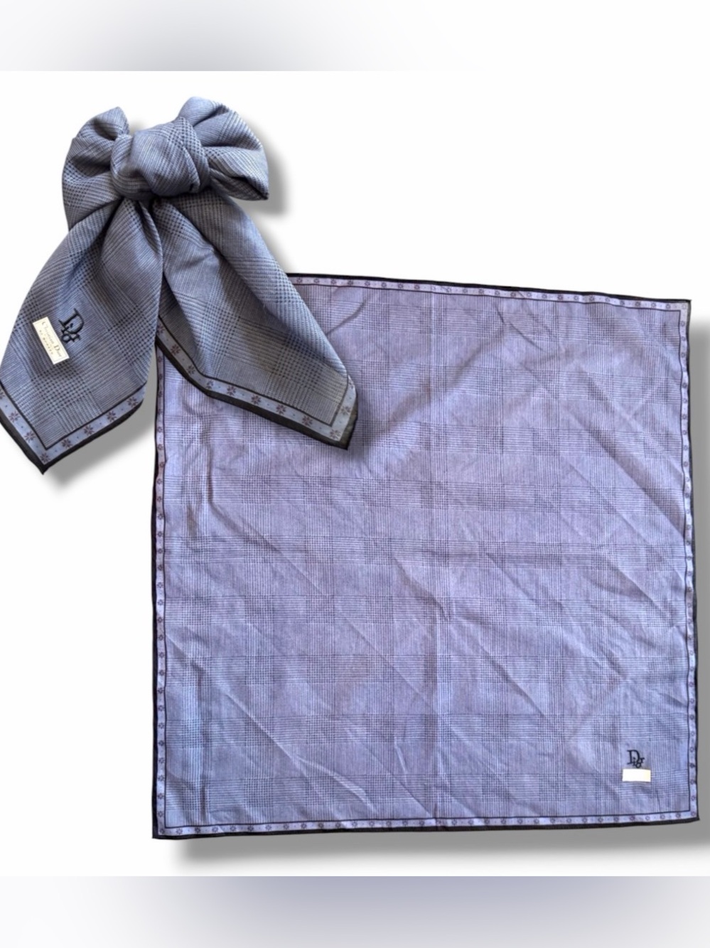Dior Prince of Wales Grey & Back Check / Green Plaid Scarf Hankerchief Bandanna